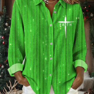 Shirt Collar Long Sleeve Christmas Regular Loose Shirt For Women, Shirts, color:Green|size:5XL, catalog Noracora shop