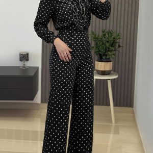2 Pieces Outfit Stand Collar Button Front Ruffles Spliced Top and High Waist Straight Leg Pants Set Casual Polka Dot Print Commuting Set, women Two-piece Sets, ChicMe catalog