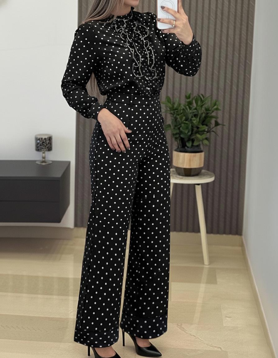 2 Pieces Outfit Stand Collar Button Front Ruffles Spliced Top and High Waist Straight Leg Pants Set Casual Polka Dot Print Commuting Set, women Two-piece Sets, ChicMe catalog