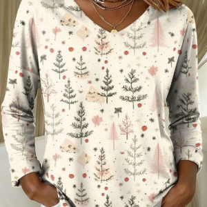Women Christmas Long Sleeve Tee T-shirt V Neck Printing Casual Spring/Fall Graphic Tee Top, JustFashionNow T-Shirts, color:Apricot|size:XXL,