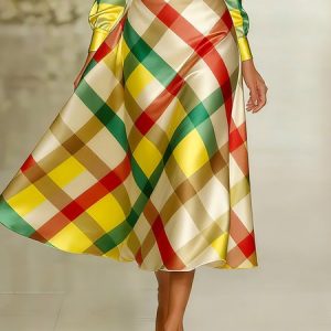 Elegant Printing Plaid Midi Skirt, Skirts, color:As Picture|size:XXL, Stylewe