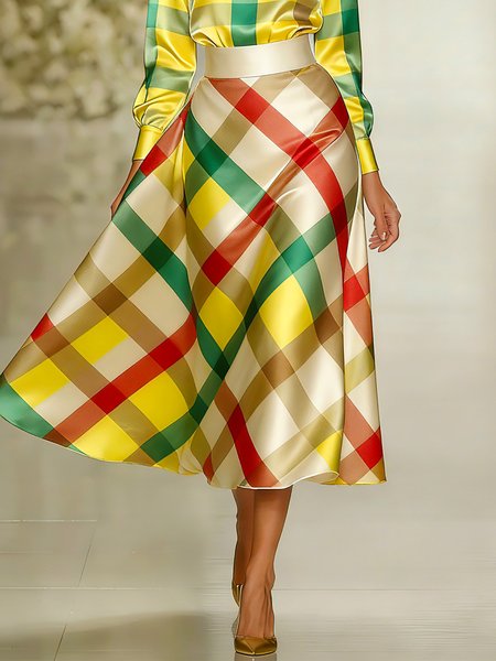 Elegant Printing Plaid Midi Skirt, Skirts, color:As Picture|size:XXL, Stylewe