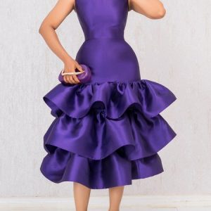 Elegant Plain Peplum Crew Neck Party Midi Dress, Cocktail Dresses, color:Purple|size:XXL, Stylewe