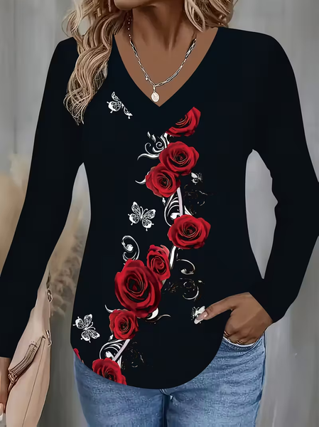 Women Floral Long Sleeve Tee T-shirt V Neck Printing Casual Spring/Fall Graphic Tee Top, JustFashionNow T-Shirts, color:Black|size:XXL - Image 3