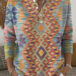 Women Geometric Long Sleeve Comfy Casual Sweater, Sweaters, color:Color2|size:4XL, catalog Noracora shop