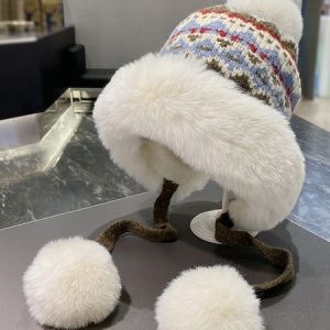 Winter Knitted Thickened Fleece-lined Neck Protector Warm Jacquard Pattern Versatile Casual Ear-covering Hat, Hats, color:Cyan|size:One-size, catalog Noracora shop
