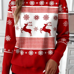 Women Geometric Long Sleeve Comfy Vintage Sweater, Sweaters, color:Red|size:4XL, catalog Noracora shop