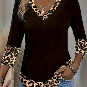 Women Leopard Long Sleeve Tee T-shirt V Neck Printing Casual Spring/Fall Graphic Tee Top, JustFashionNow T-Shirts, color:Black|size:XXL