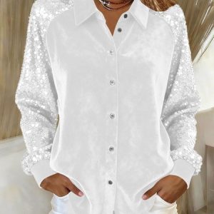 Shawl Collar Long Sleeve Plain Split Joint Regular Micro-Elasticity Loose Tunic Shirt For Women, Shirts, color:White|size:XXL, catalog Noracora shop