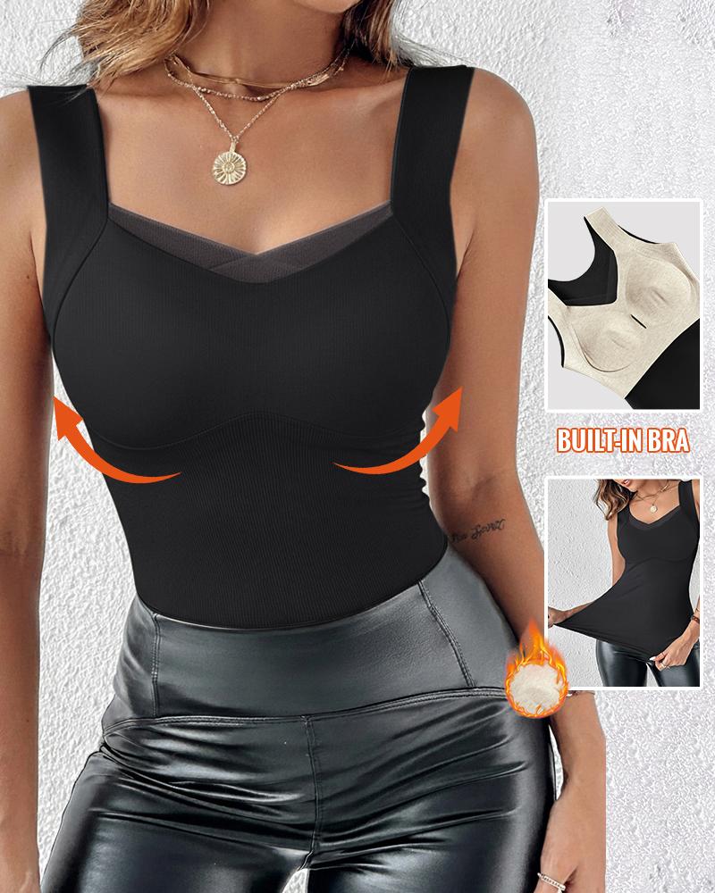 Sheer Mesh Spliced V Neck Sleeveless Built In Bra Tank Casual Warm Fleece Lined Slim Fit Top, women Tanks & Crop Tops, ChicMe catalog - Image 2
