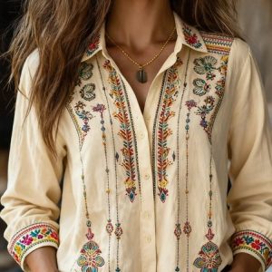 Shawl Collar Long Sleeve Geometric Regular Loose Shirt For Women, Shirts, color:Apricot|size:4XL, catalog Noracora shop