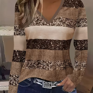 Casual Abstract V Neck Long Sleeve T-shirt, T-shirts, color:Brown|size:XXL, catalog Noracora shop