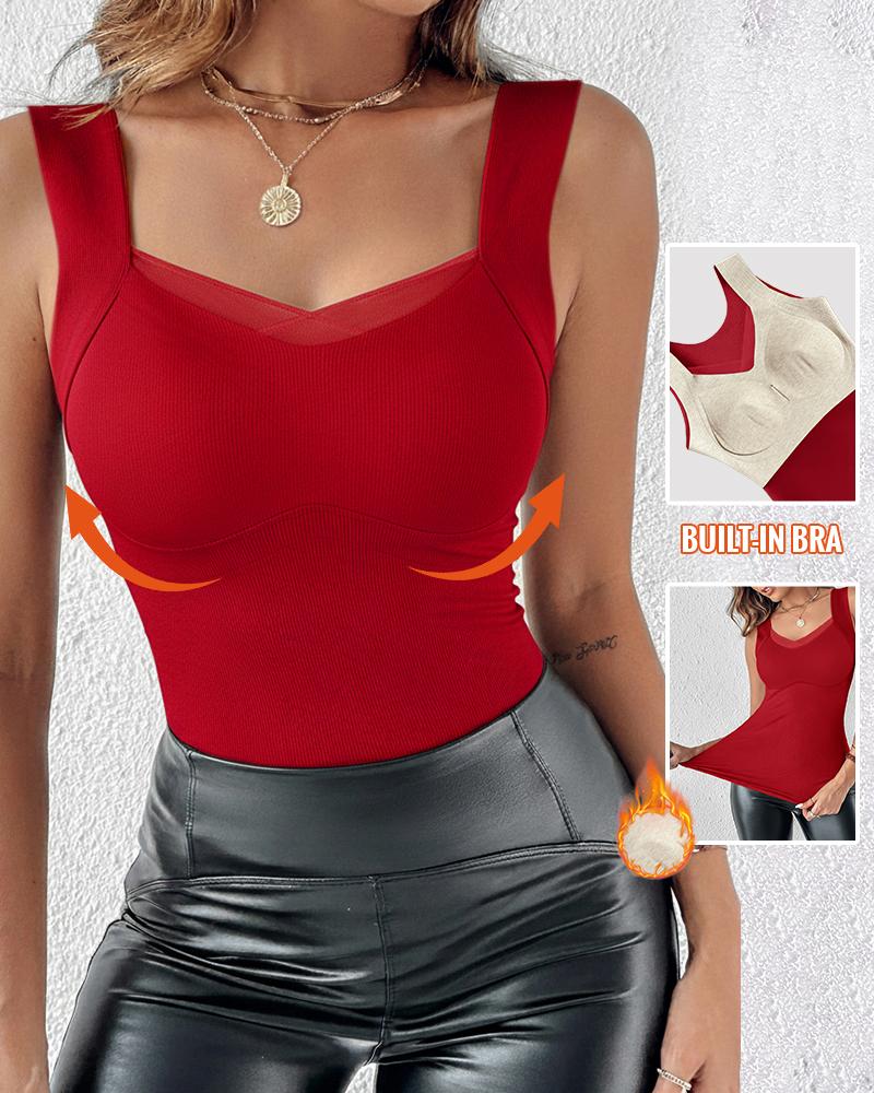 Sheer Mesh Spliced V Neck Sleeveless Built In Bra Tank Casual Warm Fleece Lined Slim Fit Top, women Tanks & Crop Tops, ChicMe catalog - Image 3