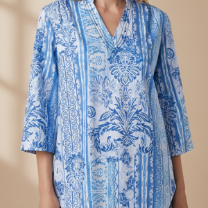 JFN V Neck Tribal Vacation 3/4 Sleeve Boho Blouse, JustFashionNow Blouses, color:Blue|size:XXL,