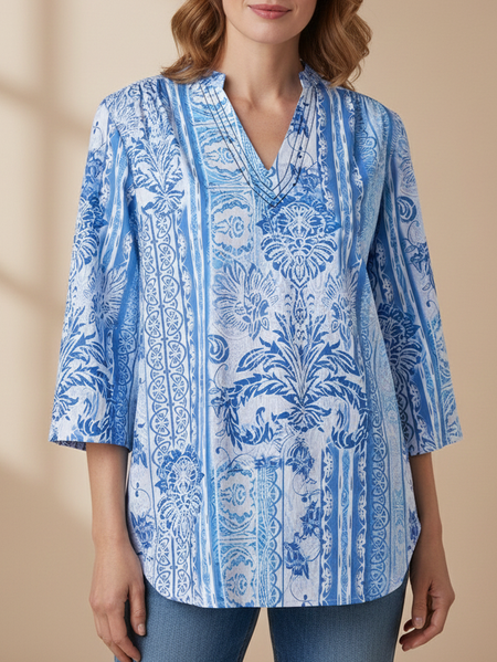 JFN V Neck Tribal Vacation 3/4 Sleeve Boho Blouse, JustFashionNow Blouses, color:Blue|size:XXL,