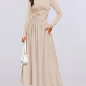 Women Plain Spring/Fall Dress Crew Neck Long Sleeve A-Line Dress, Dresses, color:Apricot|size:XL, catalog Noracora shop