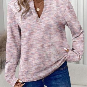 Casual Plaid V Neck Long Sleeve T-shirt, T-shirts, color:Pink|size:XXL, catalog Noracora shop