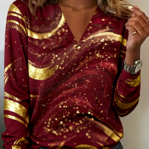 Casual Striped V Neck Long Sleeve T-shirt, T-shirts, color:Wine Red|size:5XL, catalog Noracora shop