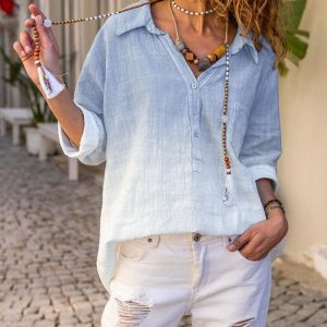 Ombre Turn-down Collar Roll Up Sleeve Half Button Front Shirt Casual Pocket Design Loose Fit Top, women Blouses & Shirts, ChicMe catalog