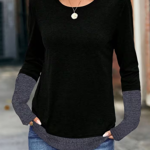 Casual Contrast Stitching Crew Neck Long Sleeve T-shirt, T-shirts, color:Black|size:XXL, catalog Noracora shop