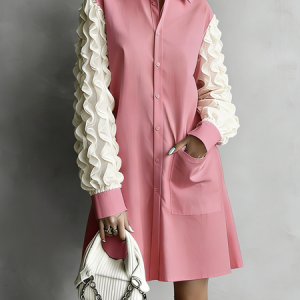 Urban Color Block Shirt Collar Mini Dress, Mini Dresses, color:Pink|size:XXL, Stylewe