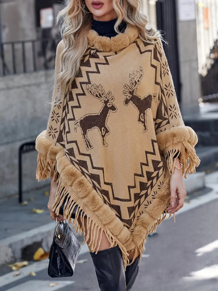 Women's Autumn Outerwear Casual Tassel Tassel Sleeves Geometric Crew Neck Cape Coat, JustFashionNow Ponchos & Capes, color:Camel|size:One-size,