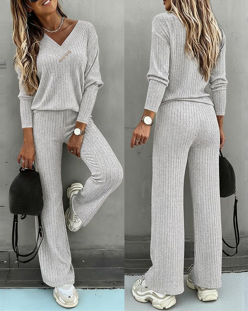 2 Pieces Outfit Button Decor V-Neck Long Sleeve Top and Elastic Waist Straight Leg Pants Set Casual Ribbed Set, women Two-piece Sets, ChicMe catalog - Image 2