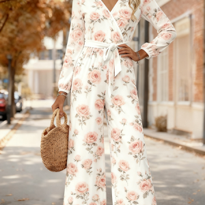 Women Floral V Neck Long Sleeve Elegant Spring/Fall Jumpsuit, Jumpsuits&Rompers, color:White|size:4XL, catalog Noracora shop