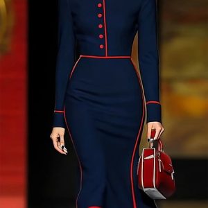 Elegant Color Block Buttoned Shawl Collar Knee Length Dress, Midi Dresses, color:Deep Blue|size:XXL, Stylewe