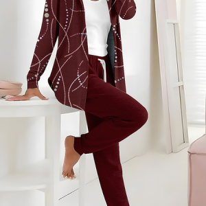 Women Abstract Printing Two-Piece Set Daily Long Sleeve Casual Spring/Fall Coat With Pants Matching Set, JustFashionNow Suit Set, color:Wine Red|size:XXL,
