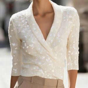 Glitter Elegant Plain Cross Neck Blouse, Blouses and Shirts, color:Off White|size:XXL, Stylewe