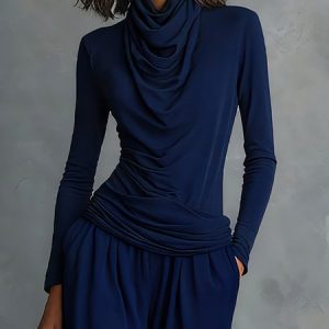 Casual Plain Ruched Cowl Neck T-shirt, Tees, color:Blue|size:XXL, Stylewe