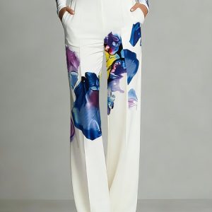Urban Random Print Printing Wide Leg Pants, Pants, color:white-blue|size:XXL, Stylewe