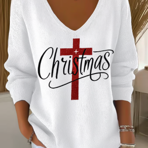 Casual Christmas V Neck Long Sleeve T-shirt, T-shirts, color:White|size:4XL, catalog Noracora shop