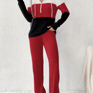 Women Color Block Two-Piece Set Daily Long Sleeve Casual Spring/Fall Top With Pants Matching Set, Sets, color:Red|size:XXL, catalog Noracora shop