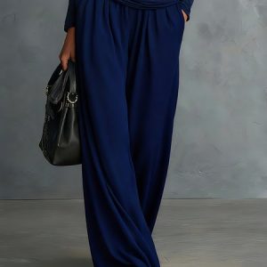Casual Plain Wide Leg Pants, Pants, color:Blue|size:XXL, Stylewe