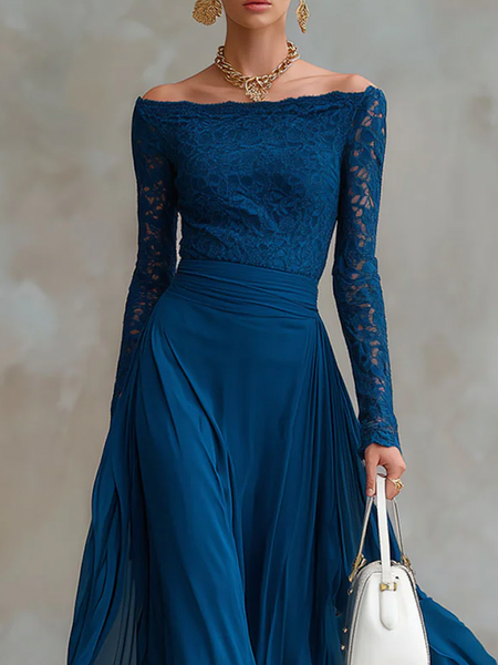 Lace Elegant Cold Shoulder Blouse, Blouses and Shirts, color:Blue|size:XXL, Stylewe