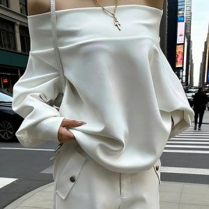 Cotton Elegant Plain Cold Shoulder Sweatshirt, Blouses and Shirts, color:White|size:XXL, Stylewe