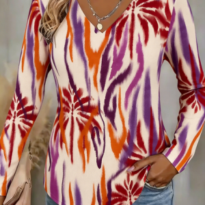 Casual Abstract V Neck Long Sleeve T-shirt, T-shirts, color:As Picture|size:4XL, catalog Noracora shop