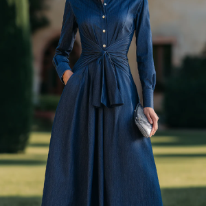 Urban Plain Buttoned Shirt Collar Midi Dress, Midi Dresses, color:Blue|size:XXL, Stylewe