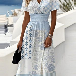 Women Striped Summer Dress V Neck Short Sleeve Beach Dress A-Line Dress, Dresses, color:Blue|size:4XL, catalog Noracora shop