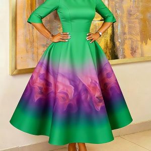 Elegant Random Print Printing Crew Neck Midi Dress, Cocktail Dresses, color:Green|size:XXL, Stylewe