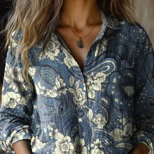 Shawl Collar Long Sleeve Paisley Regular Micro-Elasticity Loose Shirt For Women, Shirts, color:As Picture|size:4XL, catalog Noracora shop