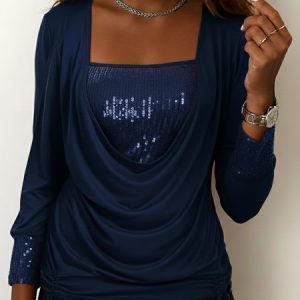 Vintage Plain U-Neck Long Sleeve T-shirt, T-shirts, color:Navyblue|size:5XL, catalog Noracora shop