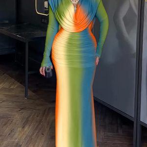 Tie Dye Print Cowl Neck Long Sleeve Backless Maxi Dress Slim Fit Zipper Back Ruched Mermaid Hem Evening Dress, women Evening Dresses, ChicMe catalog