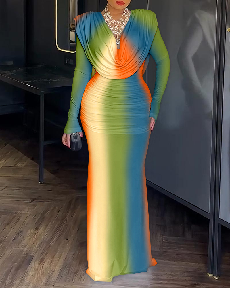 Tie Dye Print Cowl Neck Long Sleeve Backless Maxi Dress Slim Fit Zipper Back Ruched Mermaid Hem Evening Dress, women Evening Dresses, ChicMe catalog