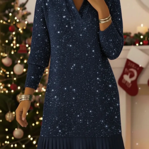 Women Abstract Polka Dots Spring/Fall Dress Shawl Collar Long Sleeve A-Line Dress, Dresses, color:Deep Blue|size:3XL, catalog Noracora shop