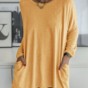 Vintage Plain Crew Neck Long Sleeve T-shirt, T-shirts, color:Yellow|size:5XL, catalog Noracora shop