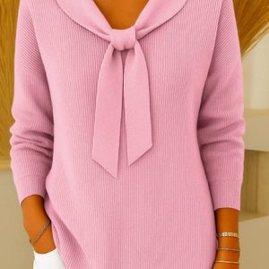 Women Plain Spring/Fall Casual Long Sleeve V Neck Cotton Sweater, JustFashionNow Sweaters, color:Pink|size:5XL,