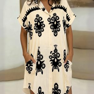 Vintage Baroque Placement Print Turn-down Collar Rolled Cuffs Button Down Shirt Dress Casual Curved Hem Vacation Dress with Pockets, women Shirt Dresses, ChicMe catalog